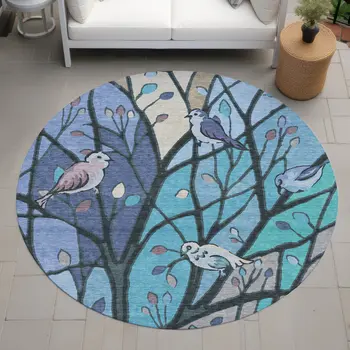8' Blue Beige And Khaki Round Botanical Leaves Washable Indoor Outdoor Area Rug