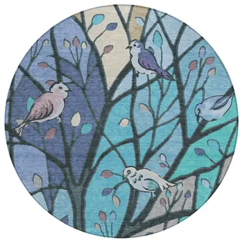 8' Blue Beige And Khaki Round Botanical Leaves Washable Indoor Outdoor Area Rug
