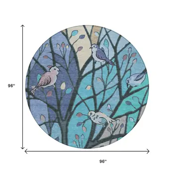 8' Blue Beige And Khaki Round Botanical Leaves Washable Indoor Outdoor Area Rug