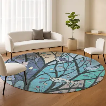 8' Blue Beige And Khaki Round Botanical Leaves Washable Indoor Outdoor Area Rug