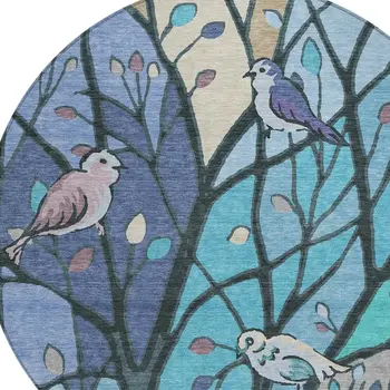 8' Blue Beige And Khaki Round Botanical Leaves Washable Indoor Outdoor Area Rug