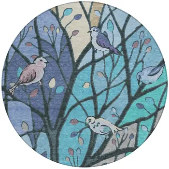 8' Blue Beige And Khaki Round Botanical Leaves Washable Indoor Outdoor Area Rug