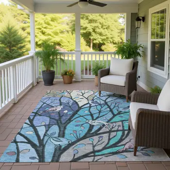 8' X 10' Blue Beige And Khaki Botanical Leaves Washable Indoor Outdoor Area Rug