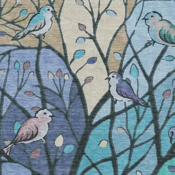 10' X 14' Blue Beige And Khaki Botanical Leaves Washable Indoor Outdoor Area Rug