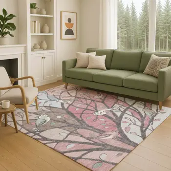 3' X 5' Blush Blue And Brown Botanical Leaves Washable Indoor Outdoor Area Rug