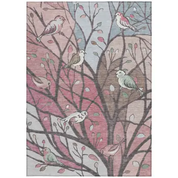 5' X 8' Blush Blue And Brown Botanical Leaves Washable Indoor Outdoor Area Rug