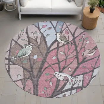 8' Blush Blue And Brown Round Botanical Leaves Washable Indoor Outdoor Area Rug