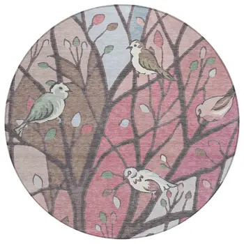 8' Blush Blue And Brown Round Botanical Leaves Washable Indoor Outdoor Area Rug