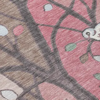 8' Blush Blue And Brown Round Botanical Leaves Washable Indoor Outdoor Area Rug