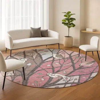 8' Blush Blue And Brown Round Botanical Leaves Washable Indoor Outdoor Area Rug