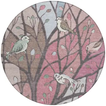 8' Blush Blue And Brown Round Botanical Leaves Washable Indoor Outdoor Area Rug