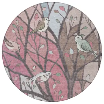 8' Blush Blue And Brown Round Botanical Leaves Washable Indoor Outdoor Area Rug
