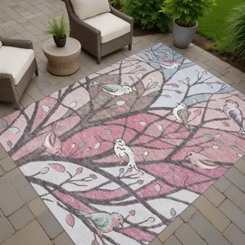 9' X 12' Blush Blue And Brown Botanical Leaves Washable Indoor Outdoor Area Rug