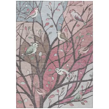 9' X 12' Blush Blue And Brown Botanical Leaves Washable Indoor Outdoor Area Rug