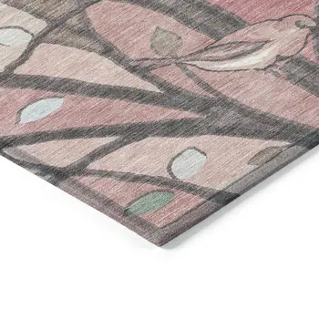 9' X 12' Blush Blue And Brown Botanical Leaves Washable Indoor Outdoor Area Rug