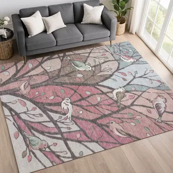 9' X 12' Blush Blue And Brown Botanical Leaves Washable Indoor Outdoor Area Rug