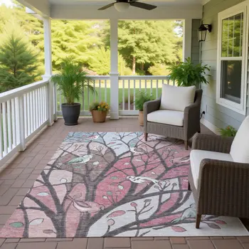 9' X 12' Blush Blue And Brown Botanical Leaves Washable Indoor Outdoor Area Rug