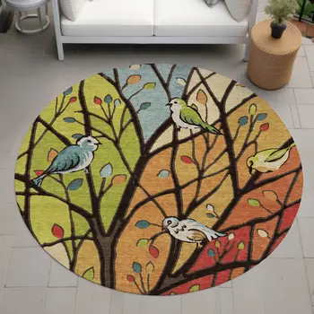 8' Gold Red And Green Round Botanical Leaves Washable Indoor Outdoor Area Rug