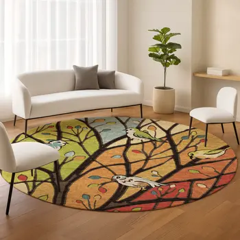 8' Gold Red And Green Round Botanical Leaves Washable Indoor Outdoor Area Rug