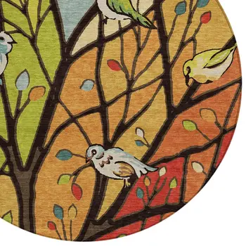 8' Gold Red And Green Round Botanical Leaves Washable Indoor Outdoor Area Rug