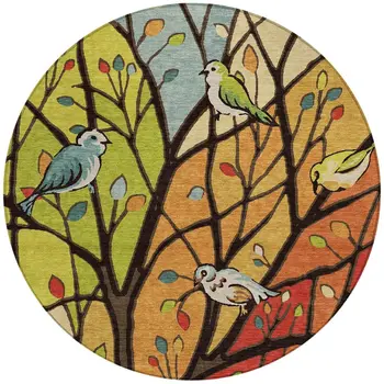 8' Gold Red And Green Round Botanical Leaves Washable Indoor Outdoor Area Rug