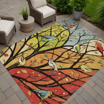 10' X 14' Gold Red And Green Botanical Leaves Washable Indoor Outdoor Area Rug