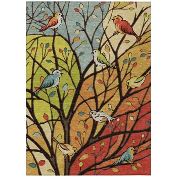 10' X 14' Gold Red And Green Botanical Leaves Washable Indoor Outdoor Area Rug