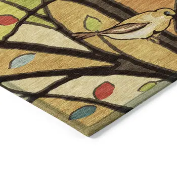 10' X 14' Gold Red And Green Botanical Leaves Washable Indoor Outdoor Area Rug
