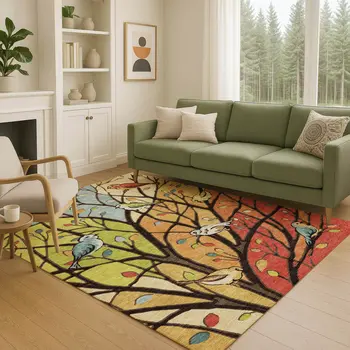 10' X 14' Gold Red And Green Botanical Leaves Washable Indoor Outdoor Area Rug