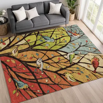 10' X 14' Gold Red And Green Botanical Leaves Washable Indoor Outdoor Area Rug