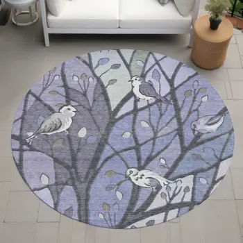 8' Purple Blue And Sage Round Botanical Leaves Washable Indoor Outdoor Area Rug