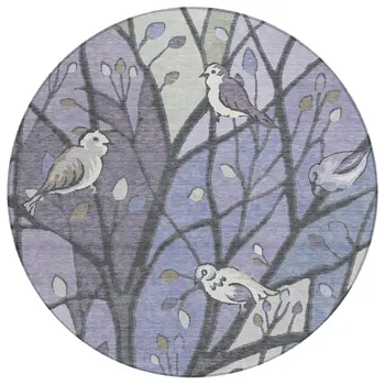 8' Purple Blue And Sage Round Botanical Leaves Washable Indoor Outdoor Area Rug