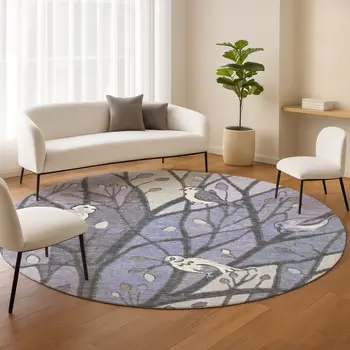 8' Purple Blue And Sage Round Botanical Leaves Washable Indoor Outdoor Area Rug