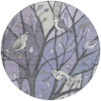 8' Purple Blue And Sage Round Botanical Leaves Washable Indoor Outdoor Area Rug