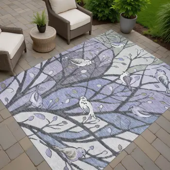 8' X 10' Purple Blue And Sage Botanical Leaves Washable Indoor Outdoor Area Rug