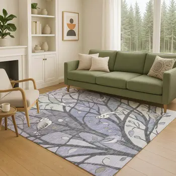 8' X 10' Purple Blue And Sage Botanical Leaves Washable Indoor Outdoor Area Rug