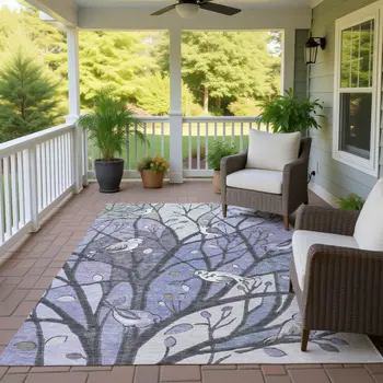 8' X 10' Purple Blue And Sage Botanical Leaves Washable Indoor Outdoor Area Rug