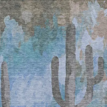 5' X 8' Brown Blue And Taupe Botanical Leaves Washable Indoor Outdoor Area Rug
