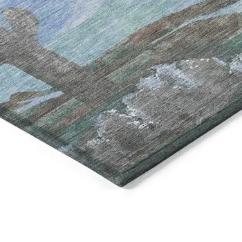 5' X 8' Brown Blue And Taupe Botanical Leaves Washable Indoor Outdoor Area Rug