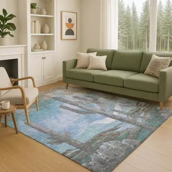 5' X 8' Brown Blue And Taupe Botanical Leaves Washable Indoor Outdoor Area Rug