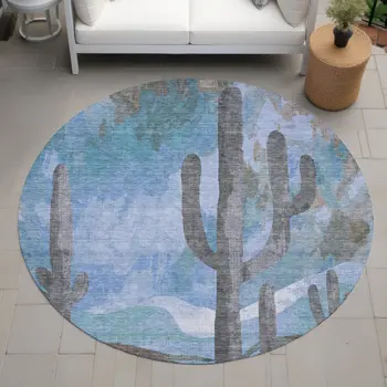 8' Brown Blue And Taupe Round Botanical Leaves Washable Indoor Outdoor Area Rug