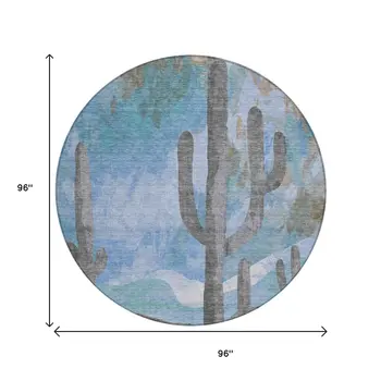 8' Brown Blue And Taupe Round Botanical Leaves Washable Indoor Outdoor Area Rug
