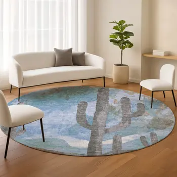 8' Brown Blue And Taupe Round Botanical Leaves Washable Indoor Outdoor Area Rug
