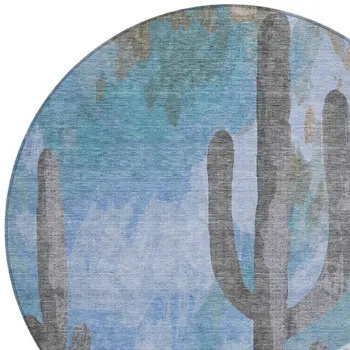 8' Brown Blue And Taupe Round Botanical Leaves Washable Indoor Outdoor Area Rug