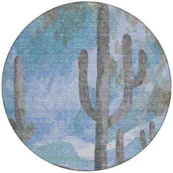 8' Brown Blue And Taupe Round Botanical Leaves Washable Indoor Outdoor Area Rug