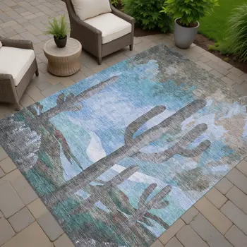 8' X 10' Brown Blue And Taupe Botanical Leaves Washable Indoor Outdoor Area Rug