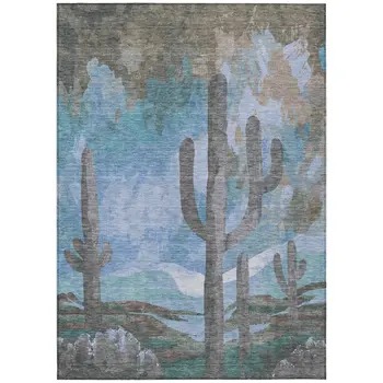 8' X 10' Brown Blue And Taupe Botanical Leaves Washable Indoor Outdoor Area Rug