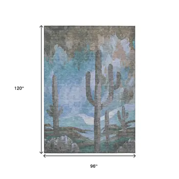 8' X 10' Brown Blue And Taupe Botanical Leaves Washable Indoor Outdoor Area Rug