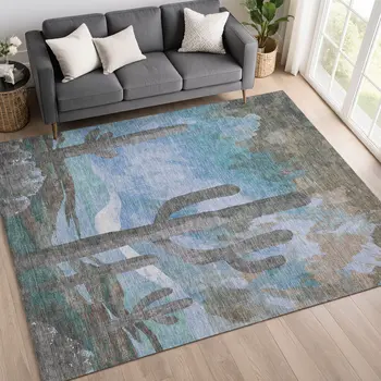 8' X 10' Brown Blue And Taupe Botanical Leaves Washable Indoor Outdoor Area Rug