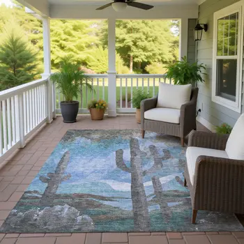 8' X 10' Brown Blue And Taupe Botanical Leaves Washable Indoor Outdoor Area Rug